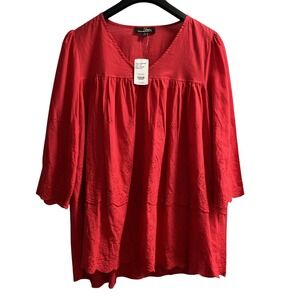 Susan‎ Betro Top Womens XL Red Cotton Crochet Ruffle V Neck Tunic Boho Hippie